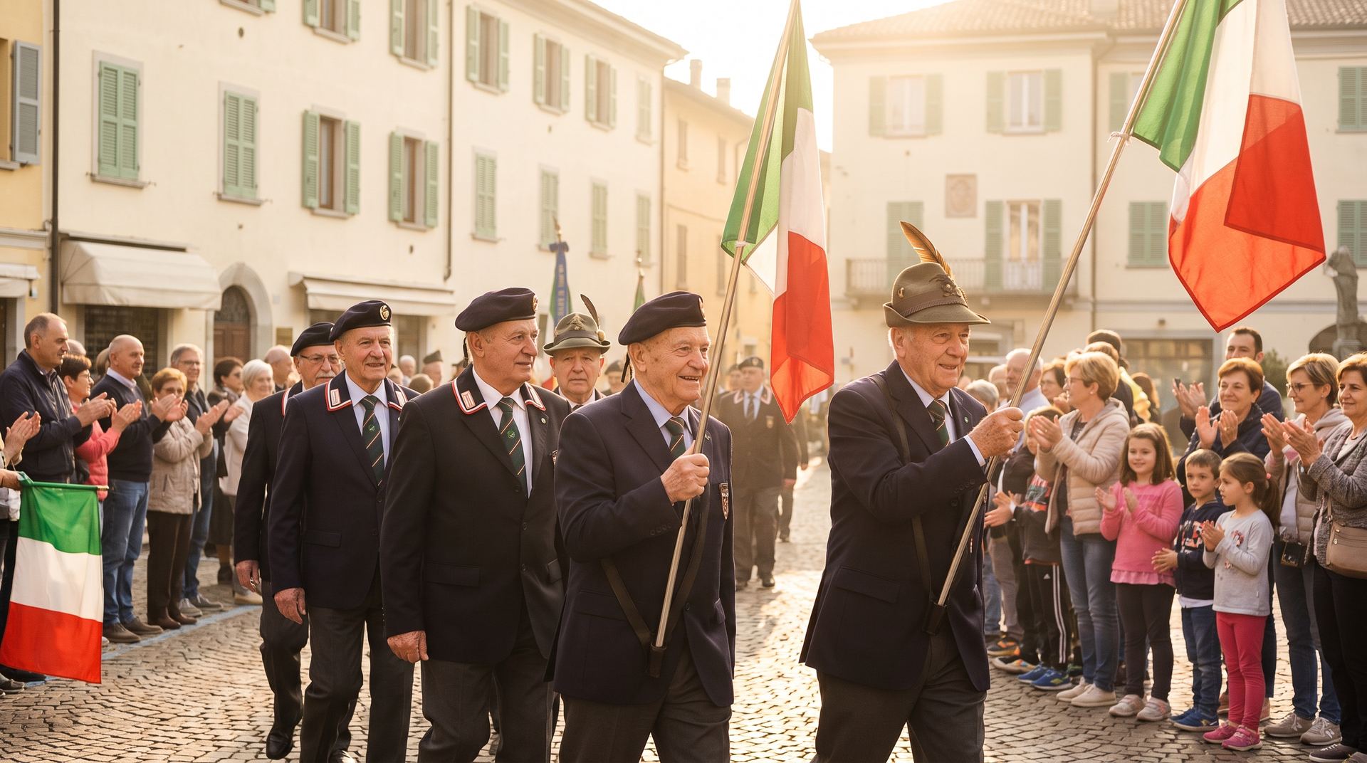 Sfilata festosa di soci delle Associazioni d'Arma con bandiere tricolori in una piazza italiana